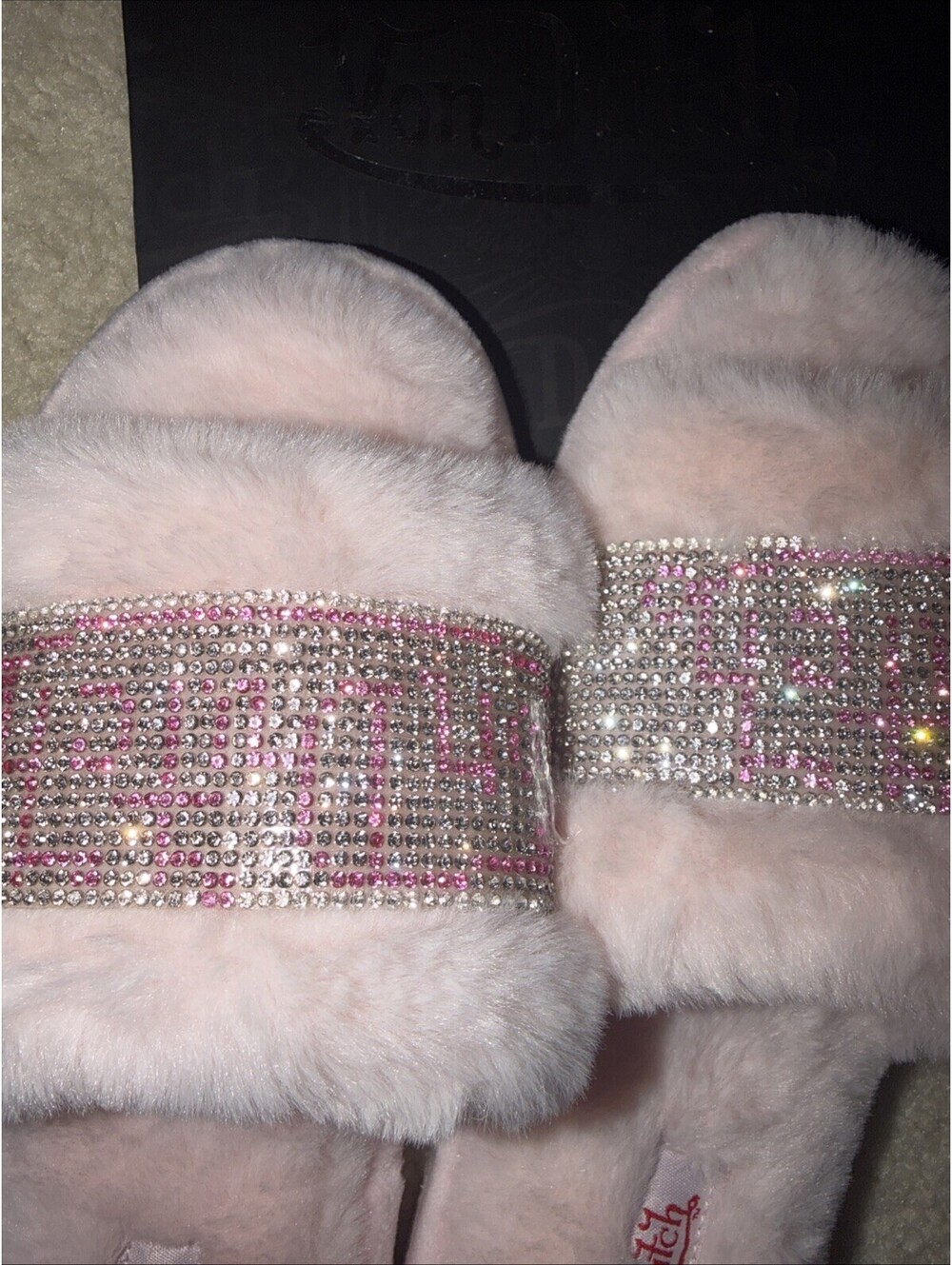 Von Dutch Pink bling Faux Fur Slippers. Womens 11/12